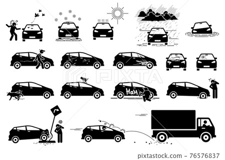 Weather, animal, and road hazard destroy and damage car icons. Vector illustration of hot sun, snow, acid rain, and flood damaging car. People vandalism on vehicle by scratching. Dirty old broken car. Weather, animal, and road hazard destroy and damage car icons. Vector illustration of hot sun, snow, acid rain, and flood damaging car. People vandalism on vehicle by scratching. Dirty old broken car. 76576837