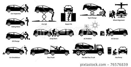 Mechanic check and fix car at workshop garage. Vector icons of auto car service shop for vehicle maintenance and repair. Services are tire replacement, wheel alignment, oil change, and AC service. Mechanic check and fix car at workshop garage. Vector icons of auto car service shop for vehicle maintenance and repair. Services are tire replacement, wheel alignment, oil change, and AC service. 76576839