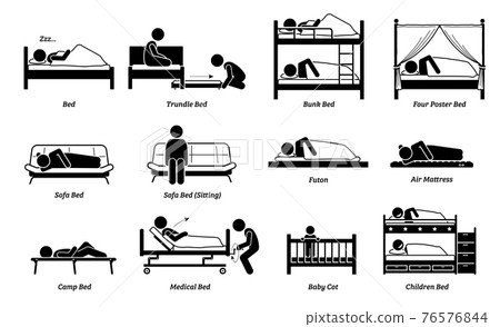People sleeping on different type of bed. Vector illustration of person sleep on trundle, bunk, four poster, sofa, futon, air mattress and medical bed. Children sleeping on baby cot and double decker. People sleeping on different type of bed. Vector illustration of person sleep on trundle, bunk, four poster, sofa, futon, air mattress and medical bed. Children sleeping on baby cot and double decker. 76576844
