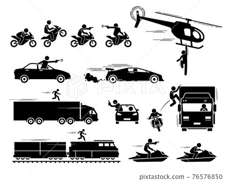 Movie action hero car motorcycle chase scene. Vector of people chasing and shooting with gun at car, motorcycle, and jet ski. Stunt man hanging on helicopter and running on top of train and truck. Movie action hero car motorcycle chase scene. Vector of people chasing and shooting with gun at car, motorcycle, and jet ski. Stunt man hanging on helicopter and running on top of train and truck. 76576850