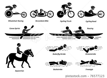 Disabled racing sports and games for handicapped athlete stick figures icons. Vector symbols of wheelchair racing, cycling, rowing, equestrian and swimming activities for people with disabilities. 76577123