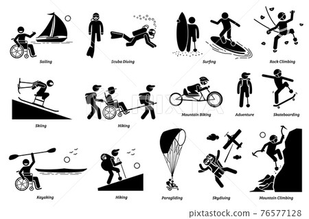 Adaptive recreational activities for handicapped or disabled people stick figure icons. Vector illustrations of extreme sports and accessible adventures for person with physical disabilities. 76577128