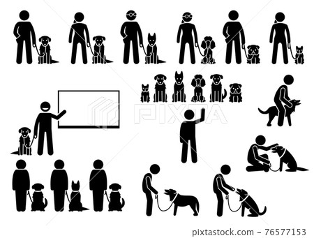 Dog training school icons set. Vector illustrations of dog obedient and behavioral training academy with instructor and students. Dog training school icons set. Vector illustrations of dog obedient and behavioral training academy with instructor and students. 76577153