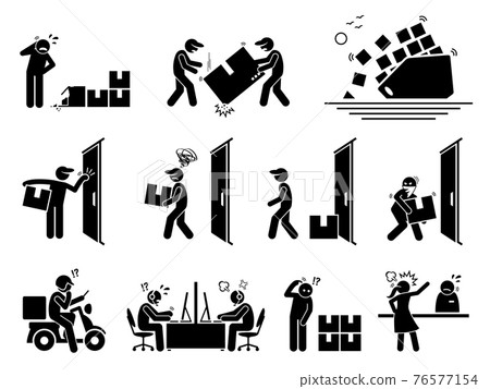 Logistic and shipping problem icons set. Vector illustrations of courier service and shipment issues due to broken parcel, thief, lost package, fail support, and customer complain. Logistic and shipping problem icons set. Vector illustrations of courier service and shipment issues due to broken parcel, thief, lost package, fail support, and customer complain. 76577154