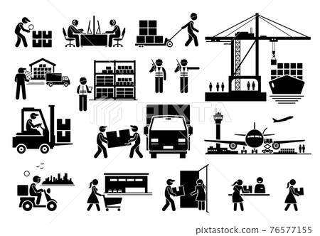 Logistic and shipping of import and export industry icons set. Vector illustrations of stocks, warehouse, freighter, transportation, and courier delivery services. 76577155