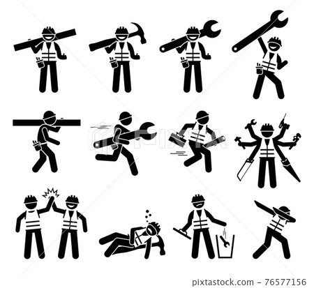 Construction worker and handyman stick figures icons set. Vector illustrations of industrial worker characters with tools and equipment for build, repair, and fix. 76577156