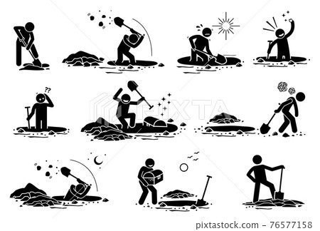 Stick Figure man digging hole. Vector illustrations of a stickman dig hole, found gold treasure, bury chest box, and disappointed because he finds nothing. 76577158