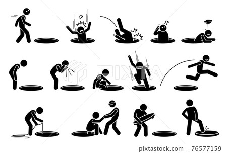 Stick figure man and a hole on the floor. Vector illustrations of a person fall into, climbing out, look into, go inside, jump over, and cover a hole on the ground. 76577159