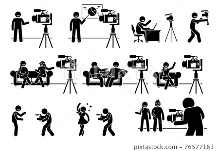 Social media influencers and Internet video content creator stick figure pictogram. Vector illustrations of man and woman creating video by talking, explaining, and promoting business and lifestyle. 76577161