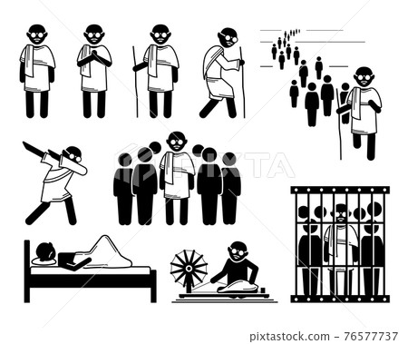 Mahatma Gandhi stick figures icons set. Vector illustrations of important key events of Mahatma Gandhi during his non violent protest in India. 76577737