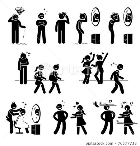 Bald man with a wig or fake hair stick figures icons. Vector illustration of an ugly sad man wearing a wig or toupee and become very handsome and happy. 76577738