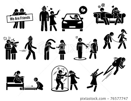 Friendzone or friend zone concept illustrations in stick figures icons. Vector graphics of a man being friend zoned by a girl that he loved. 76577747