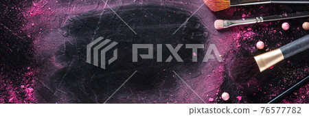 Makeup panorama with brushes and crushed cosmetics Makeup panorama with brushes and crushed cosmetics 76577782