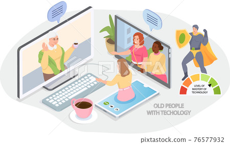 Parents and grandparents are communicating by video link. Level of mastery of technology is rising Parents and grandparents are communicating by video link. Level of mastery of technology is rising 76577932