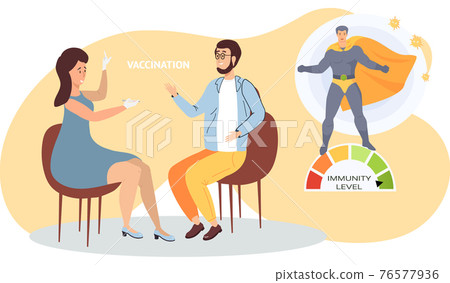 Virus vaccination, doctor propose syringe to patient. Immunity level increases due to injection Virus vaccination, doctor propose syringe to patient. Immunity level increases due to injection 76577936