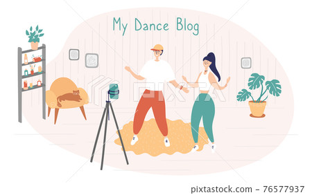 Dance stars are recording videos for their blog. TikTok Dance Challenge concept. Young man and woman learn moves with online classes and tutorials. Influencers write video blog for subscribers. Vector Dance stars are recording videos for their blog. TikTok Dance Challenge concept. Young man and woman learn moves with online classes and tutorials. Influencers write video blog for subscribers. Vector 76577937