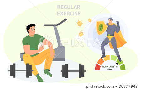 Immunity level increases due to sports. Man exercising with dumbbells on background of threadmill Immunity level increases due to sports. Man exercising with dumbbells on background of threadmill 76577942