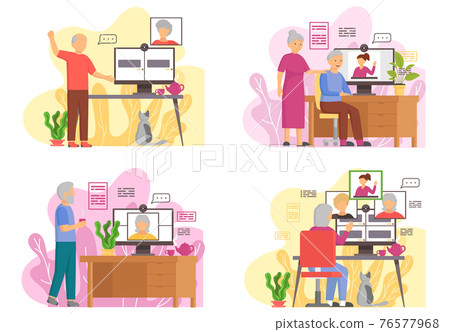 Old people play video game. Senior people with different gadgets. Oldster education on computer 76577968