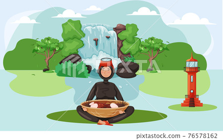 Girl in wetsuit, plants and nature in Jeju. Bowl of seafood, national dish of island Girl in wetsuit, plants and nature in Jeju. Bowl of seafood, national dish of island 76578162