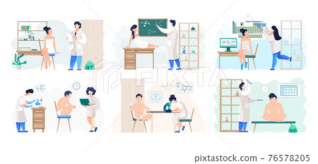 Set of illustrations abot working with equipment. People in underwear after sauna in laboratory 76578205