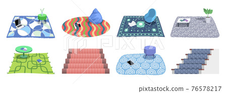 Collection of carpets and rugs. Set of floor mats of different shapes, colors. Floor covering 76578217