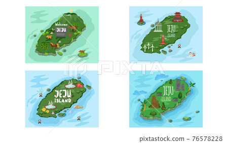 Welcome to Jeju island in South Korea, traditional landmarks, symbols. Korean land with traditional attractions Welcome to Jeju island in South Korea, traditional landmarks, symbols. Korean land with traditional attractions 76578228