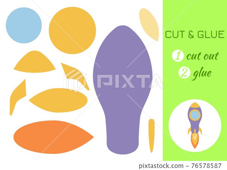 Cut and glue paper cartoon violet rocket. Cut and paste craft activity page. Educational game for preschool children. DIY worksheet. Kids logic game, activities jigsaw. Vector stock illustration. 76578587