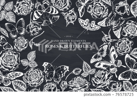 Floral design with chalk menelaus blue morpho, giant swordtail, lemon butterfly, red lacewing 76578725