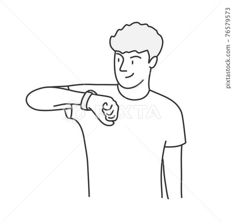 Smiling guy uses electronic wristwatch. 76579573