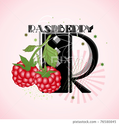 The letter R and Raspberry on a bright abstract background 76580845