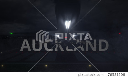 Commercial plane taking off from the airport runway and AUCKLAND text, 3d rendering Commercial plane taking off from the airport runway and AUCKLAND text, 3d rendering 76581206