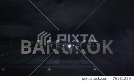 BANGKOK city name and airplane taking off from the airport at night. 3d rendering 76581229