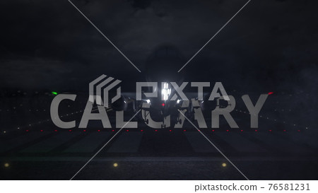 Airliner taking off from the airport runway and CALGARY city name, 3d rendering 76581231