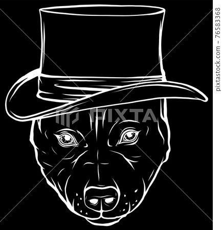 white silhouette of pitbull dog with hat on black background 76583368
