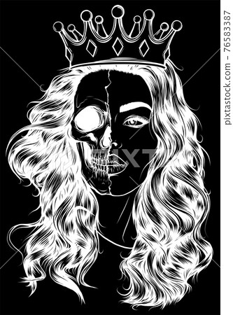 white silhouette of Skull girl with a crown. on black background 76583387