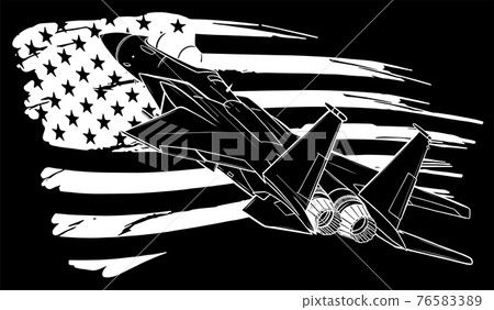 white silhouette of Military fighter jets with american flag on black background white silhouette of Military fighter jets with american flag on black background 76583389