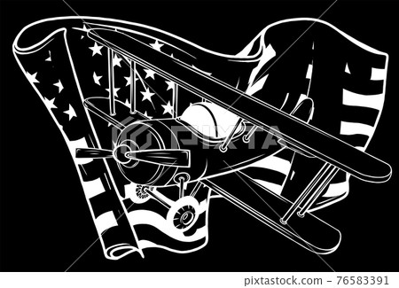 white silhouette of airPlane with america flag on black background white silhouette of airPlane with america flag on black background 76583391