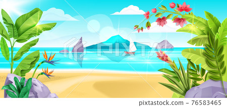Summer beach landscape, vector sea background, sand, ocean surf, island shore, banana leaf, blue sky Summer beach landscape, vector sea background, sand, ocean surf, island shore, banana leaf, blue sky 76583465