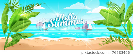 Beach landscape, vector summer sea nature background, ocean sand, island surf, blue sky, banana leaf Beach landscape, vector summer sea nature background, ocean sand, island surf, blue sky, banana leaf 76583466