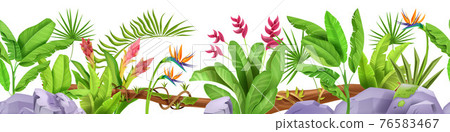 Jungle seamless border, vector tropical leaf frame background, plants, rainforest flowers, banana 76583467