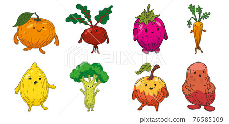 Vegetables set hand drawn scetch characters cartoon. Collection orange, beet root, strawberry, carrot, lemon, broccoli, apple, potato Vegetables set hand drawn scetch characters cartoon. Collection orange, beet root, strawberry, carrot, lemon, broccoli, apple, potato 76585109
