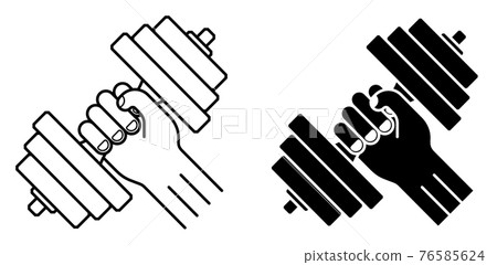 strong hand of athlete holds dumbbell. Sports and active lifestyle. Black white vector on blank background strong hand of athlete holds dumbbell. Sports and active lifestyle. Black white vector on blank background 76585624