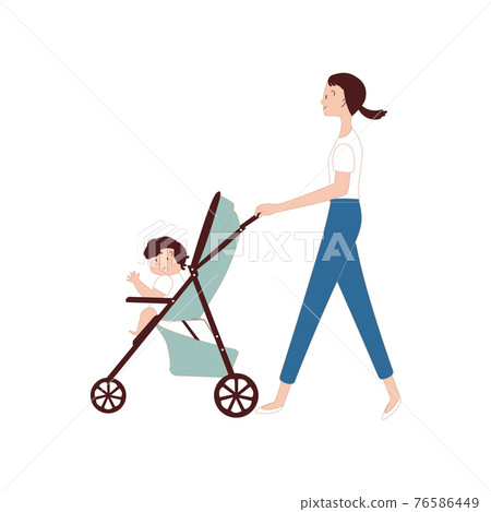A woman pushing a stroller on which a baby sits A woman pushing a stroller on which a baby sits 76586449
