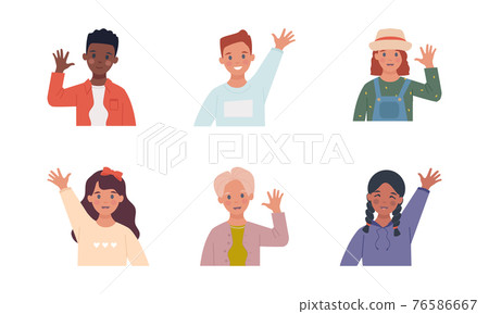 Set with multiethnic children raising their hands in greeting Set with multiethnic children raising their hands in greeting 76586667