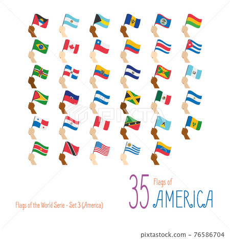 Set of 35 flags of America. Hand raising the national flags of 35 countries of America. Icon set Vector Illustration. 76586704