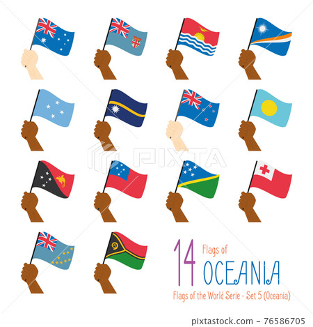 Set of 14 flags of Oceania. Hand raising the national flags of 14 countries of Oceania. Icon set Vector Illustration. 76586705