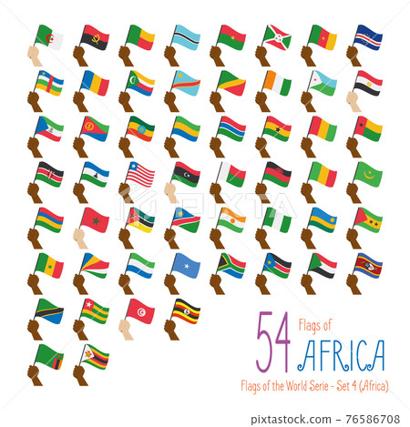 Set of 54 flags of Africa. Hand raising the national flags of 54 countries of Africa. Icon set Vector Illustration. 76586708