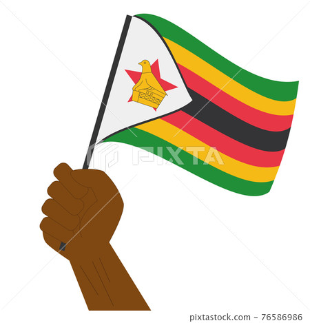 Hand holding and raising the national flag of Zimbabwe Hand holding and raising the national flag of Zimbabwe 76586986