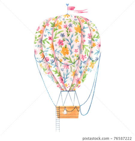 Beautiful image with cute watercolor hand drawn air baloon with gentle flowers. Stock illustration. 76587222
