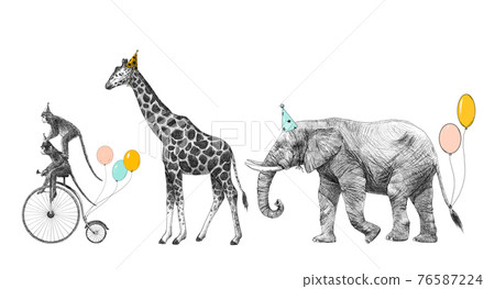 Beautiful image with safari animal birthday party. Monkey on bike giraffe and elephant with baloons. Stock illustration 76587224